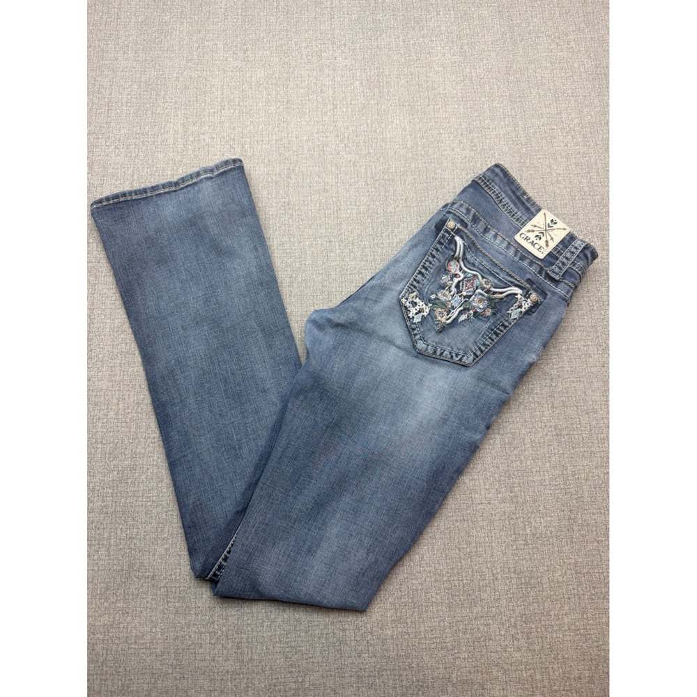 Grace in LA Womens Sz 28 Bootcut Jeans Floral Longhorn Skull Embroidered Stretch
